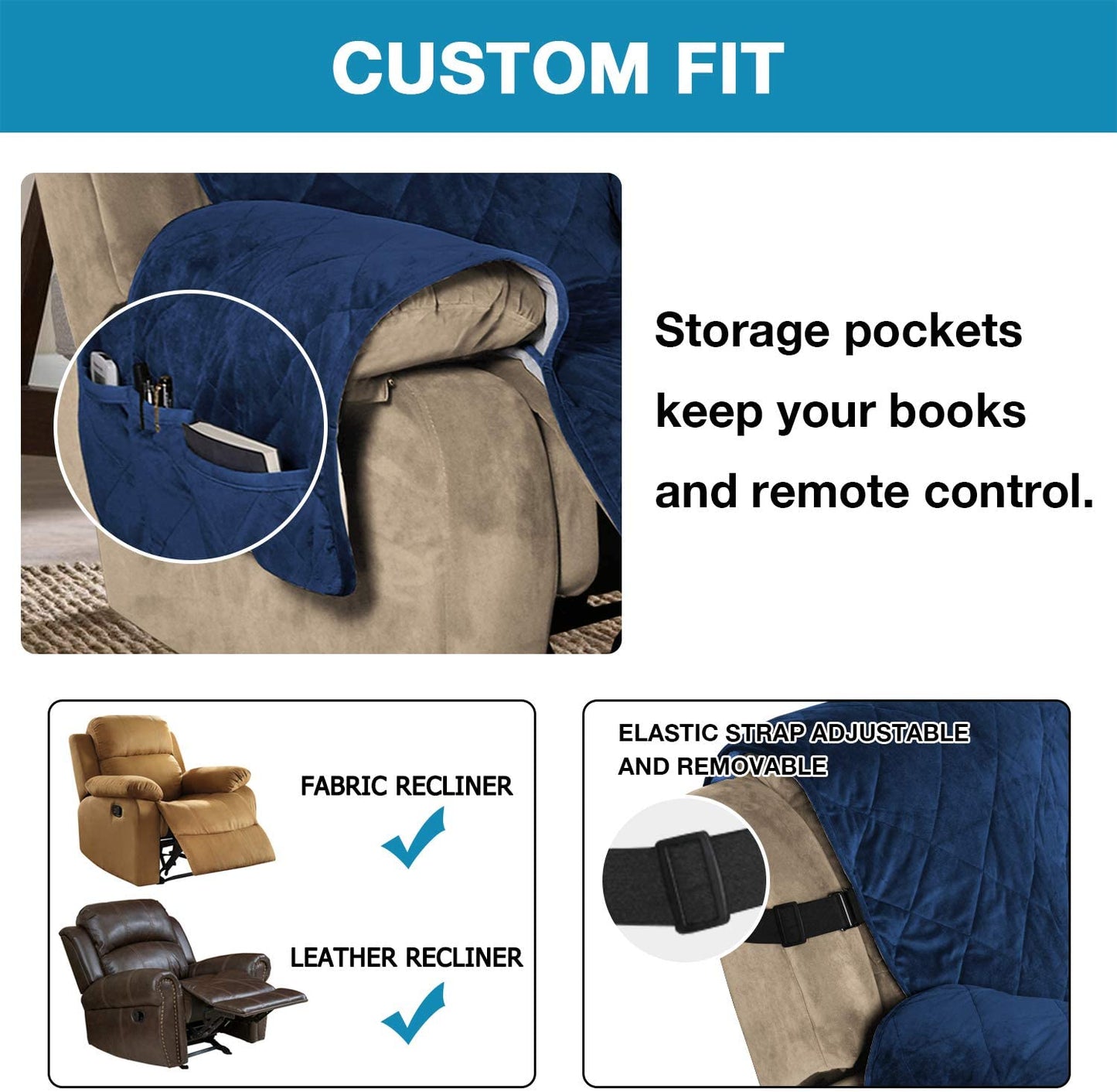 Recliner Covers Velvet Slip Resistant Recliner Sofa Slipcover Seat  Couch Furniture Protector with Elastic Straps Recliner Cover - Navy