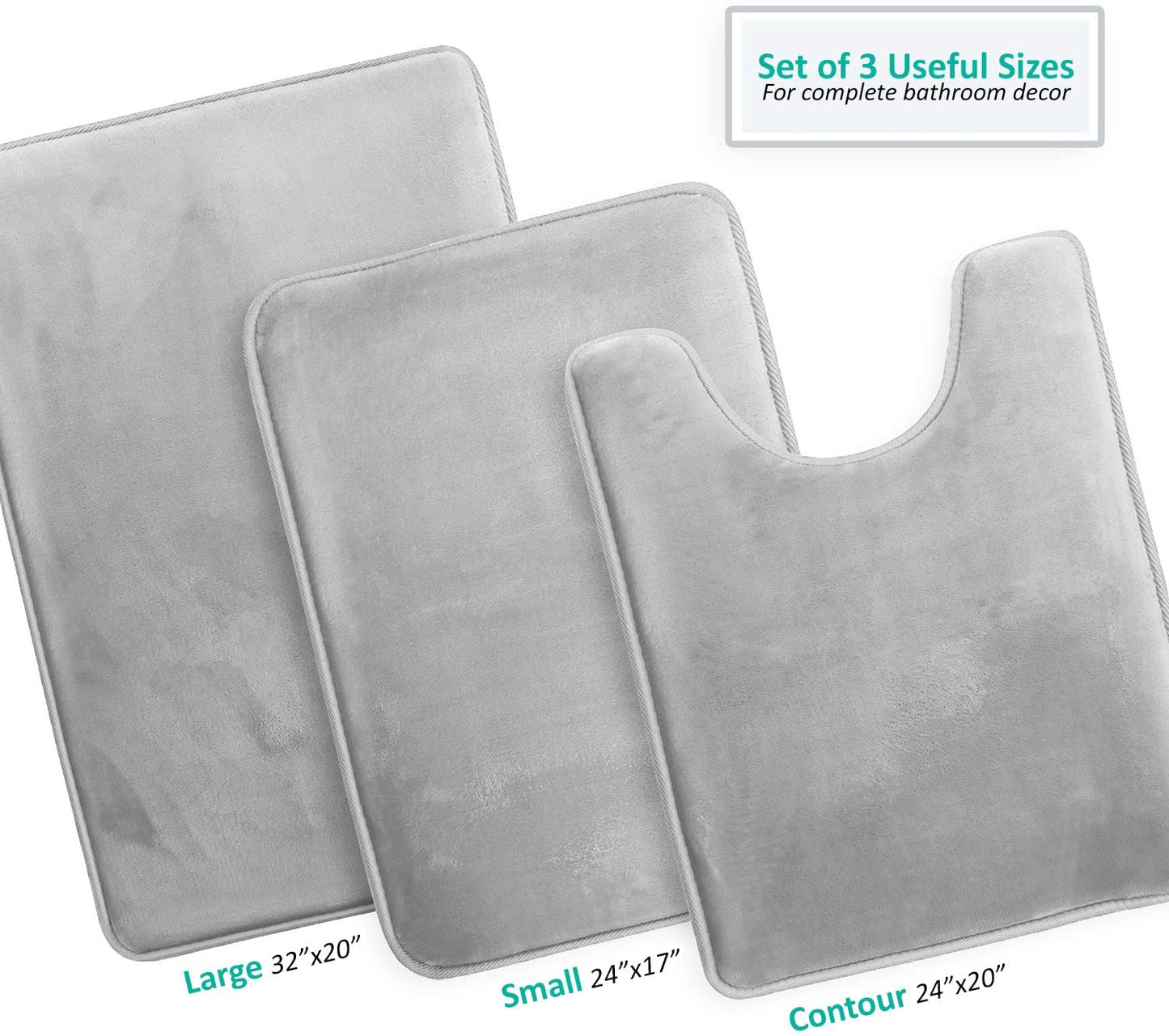 Bathroom Rugs Memory Foam Bath Mat Set for Bathroom, Non Slip Absorbent Velvet - Fast Drying –Bathroom Rug and Contour Rug Set 3 Piece -Silver Gray
