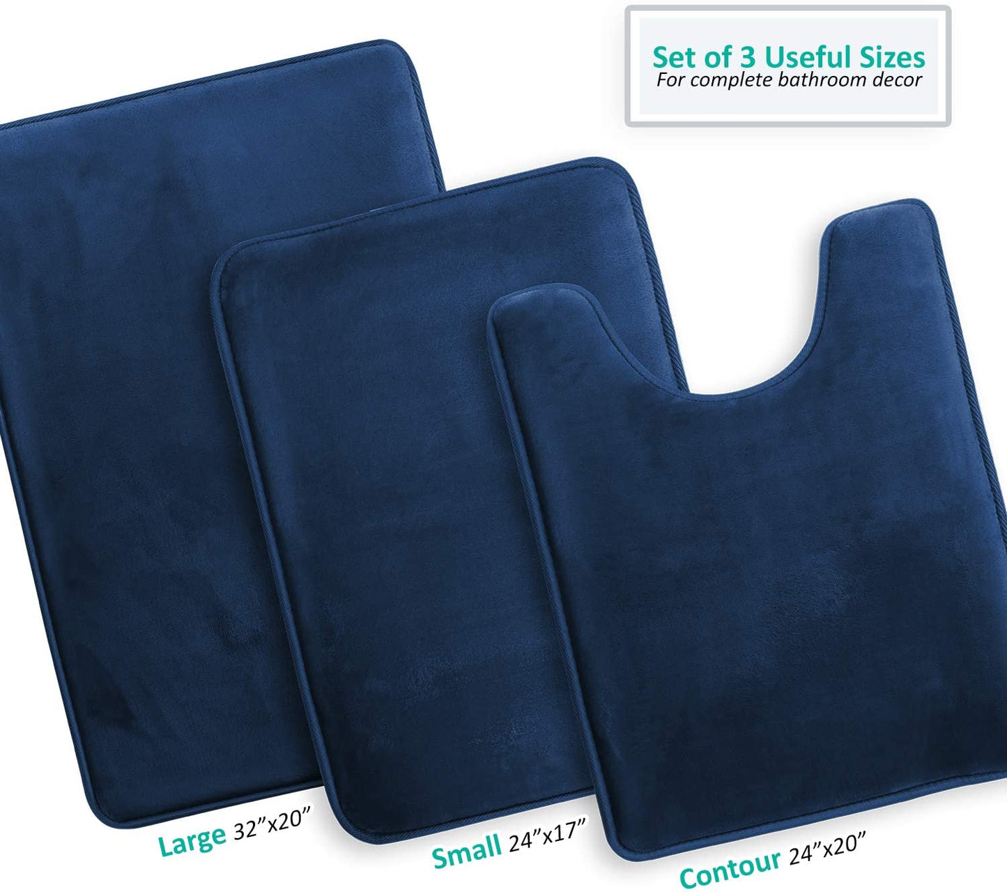 Bathroom Rugs Memory Foam Bath Mat Set for Bathroom, Non Slip Absorbent Velvet - Fast Drying –Bathroom Rug and Contour Rug Set 3 Piece -Navy