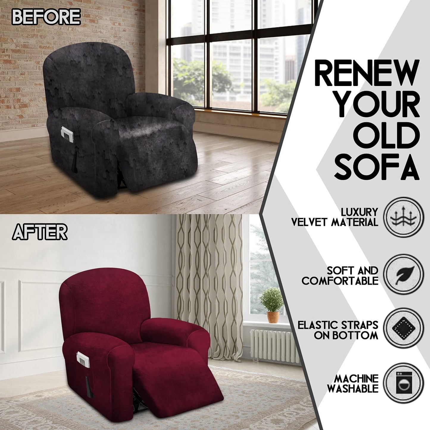 1 Seat Recliner Cover, Velvet Stretch Reclining Chair Covers for 1 Cushion Reclining Sofa, Single Seat Recliner Couch Cover, Thick, Very Soft, Machine Washable, Wine