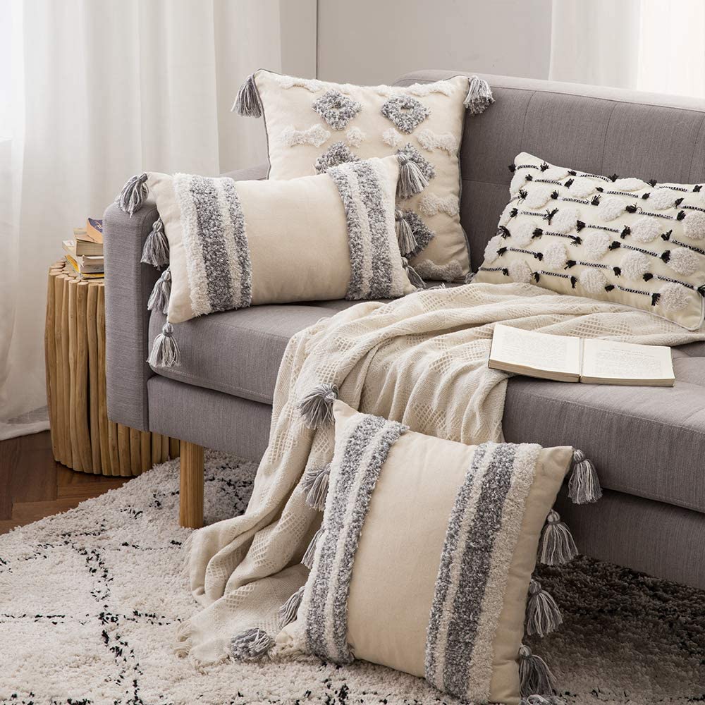 Tribal Boho Woven with Tassels Pillow Square Soft Couch Pillows Set of 2 (Inserts + Pillow Covers, Grey)