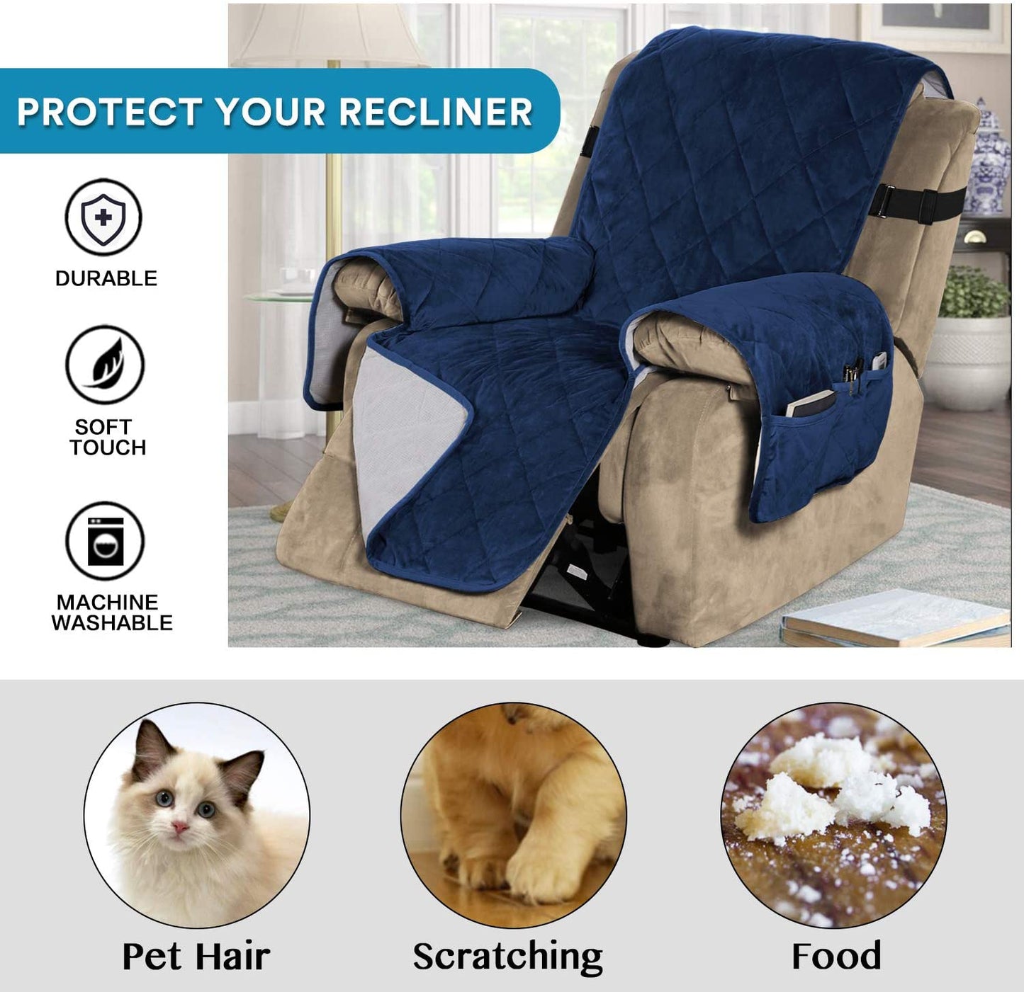 Recliner Covers Velvet Slip Resistant Recliner Sofa Slipcover Seat  Couch Furniture Protector with Elastic Straps Recliner Cover - Navy