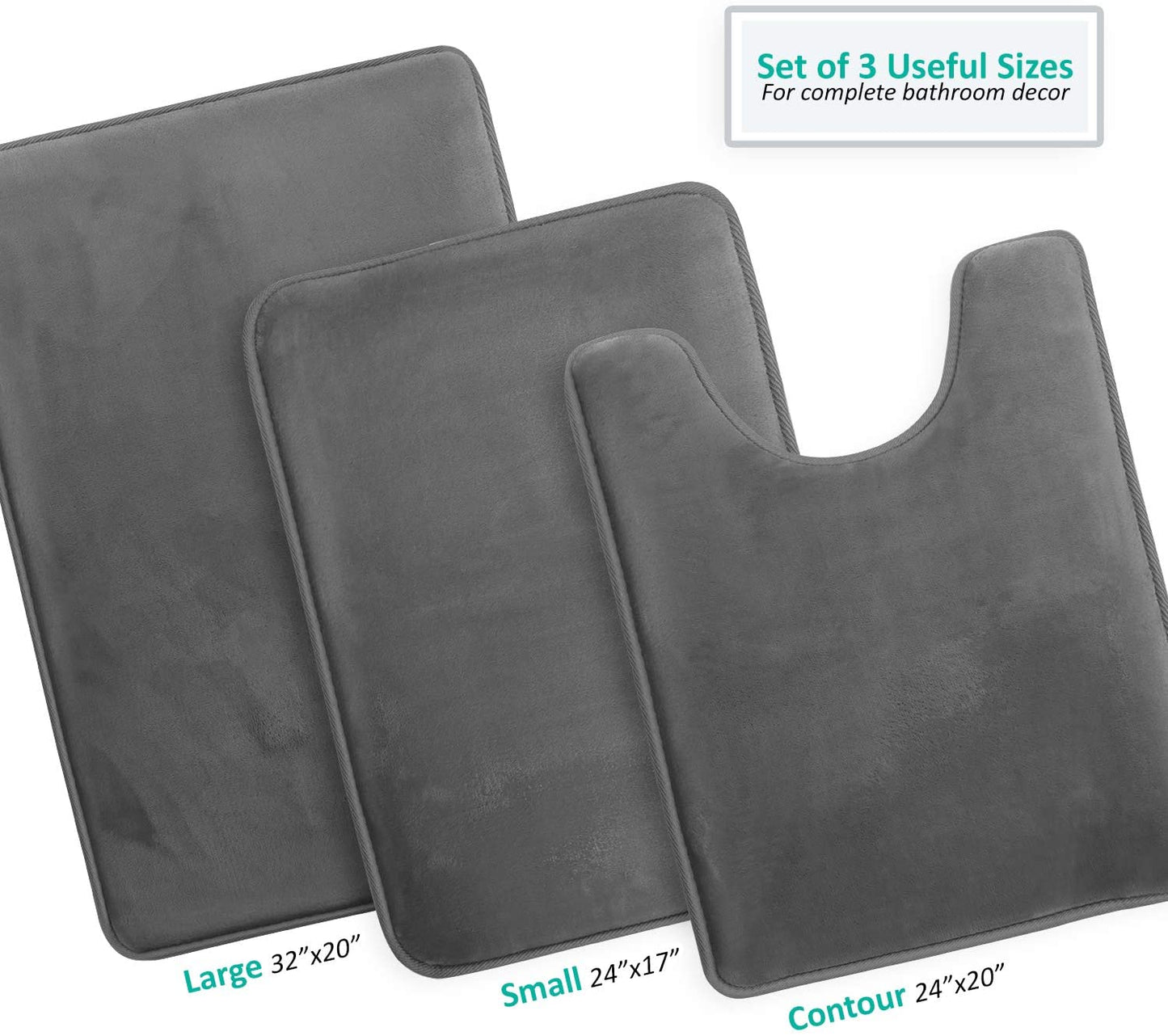 Bathroom Rugs Memory Foam Bath Mat Set for Bathroom, Non Slip Absorbent Velvet - Fast Drying –Bathroom Rug and Contour Rug Set 3 Piece -Grey