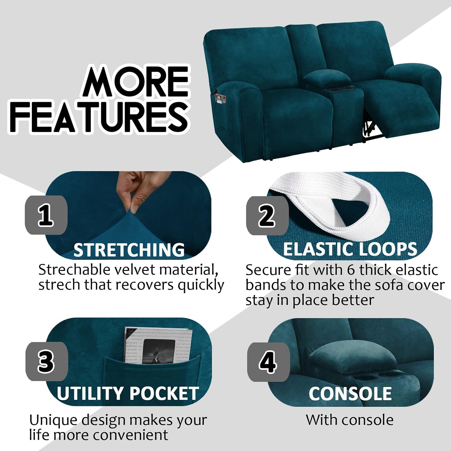 2 Seater with Middle Console Slipcover, Velvet Stretch Loveseat Reclining Sofa Covers, Thick, Soft, Washable, Deep Teal
