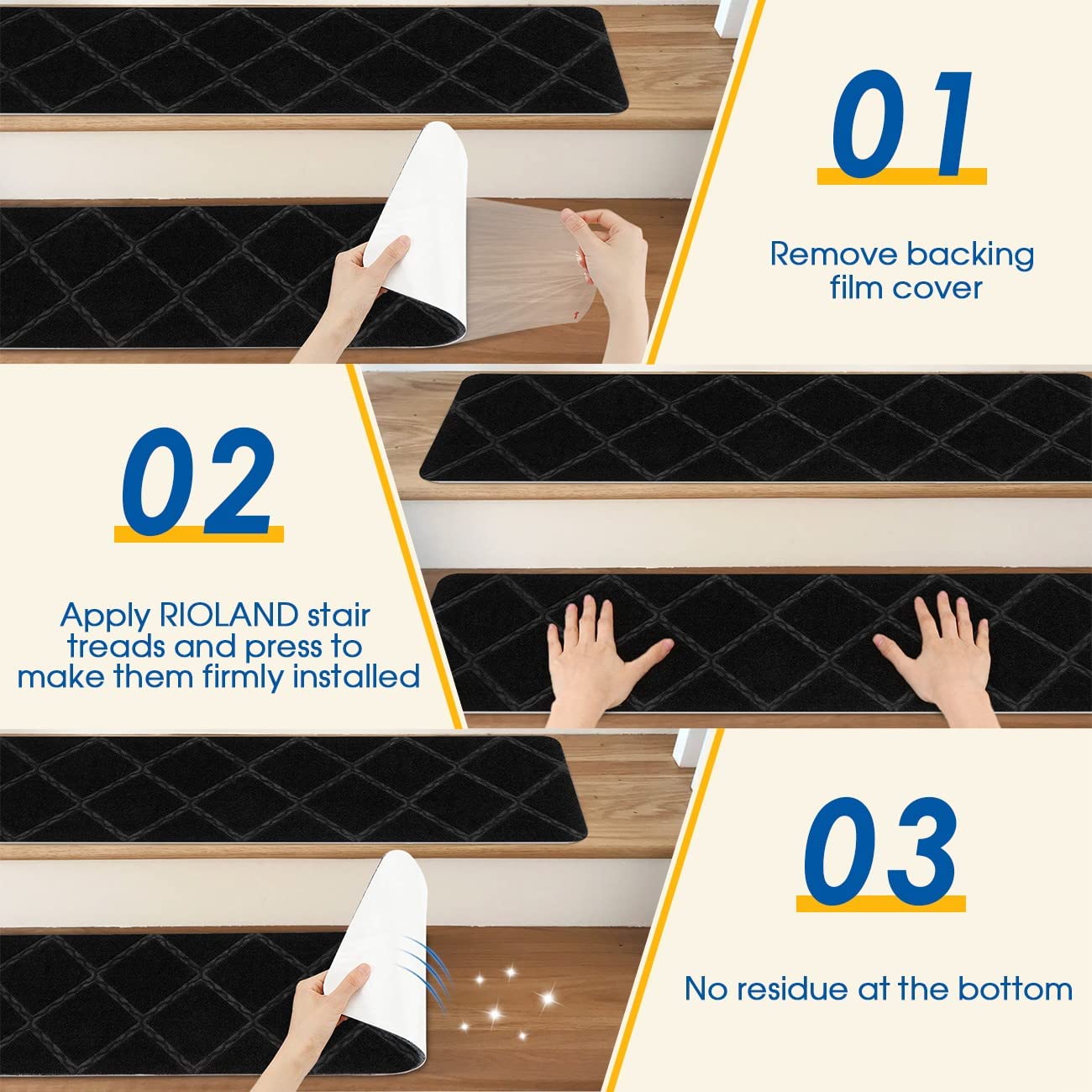 Stair Treads Carpet Non-Slip Indoor Stair Runners for Wooden Steps, Stair Rugs for Kids and Dogs, Set of 15, 8" X 30",Diamond Black