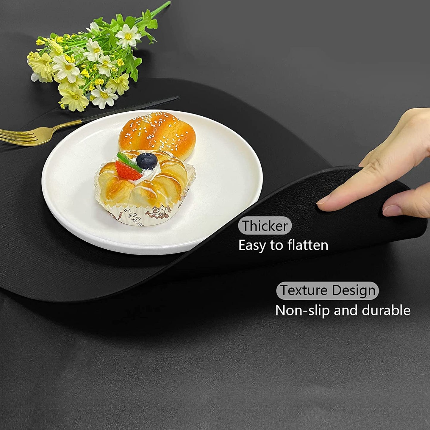 Cozy Life Modern Placemats Set of 4/6/8, Round Leather Placemats for Kitchen Dining Table, Heat Resist Easy to Clean Oval placemats(Black)