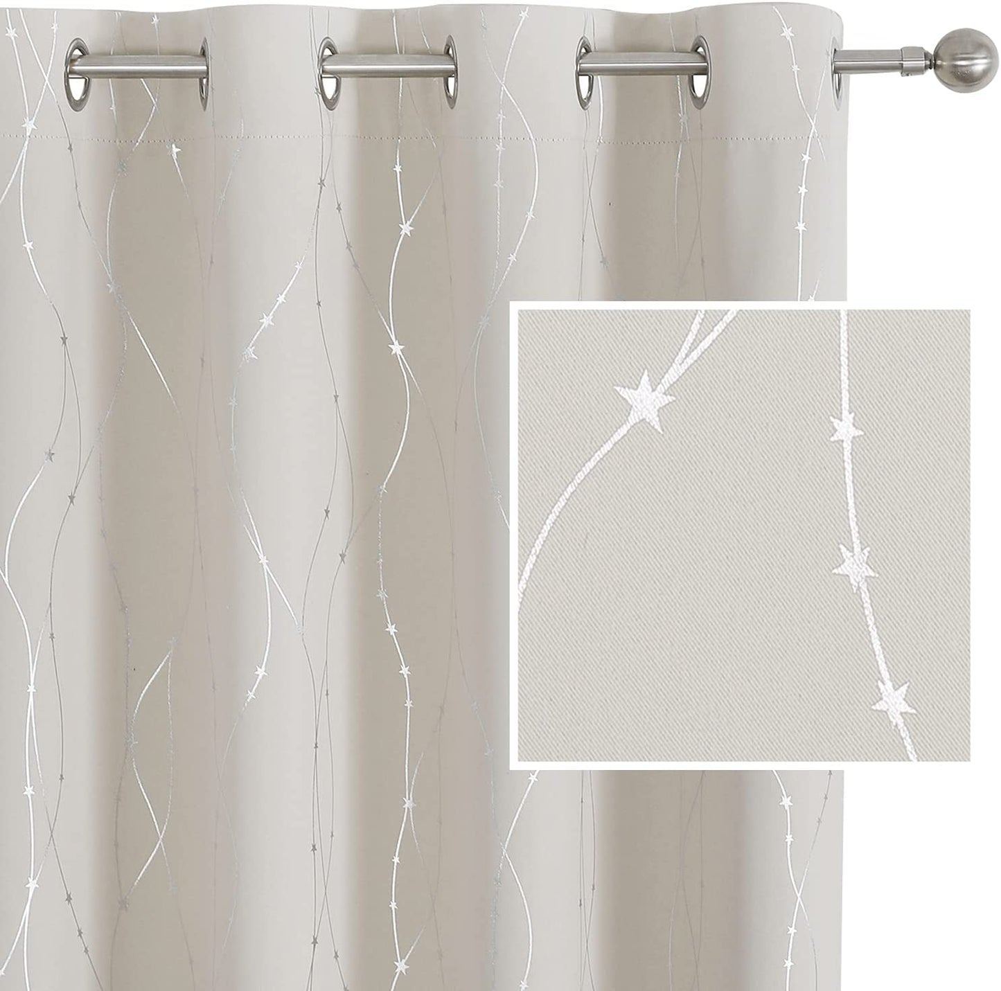 Cream Curtains Bedroom Silver Star Print Design Thermal Insulated Room Darkening Window Treatment Grommet Drapes for Living Room/Kids Game Room Set of 2 Panels
