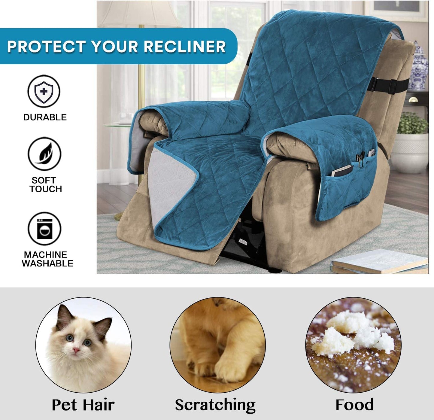 Recliner Covers Velvet Slip Resistant Recliner Sofa Slipcover Seat  Couch Furniture Protector with Elastic Straps Recliner Cover - Peacock Blue
