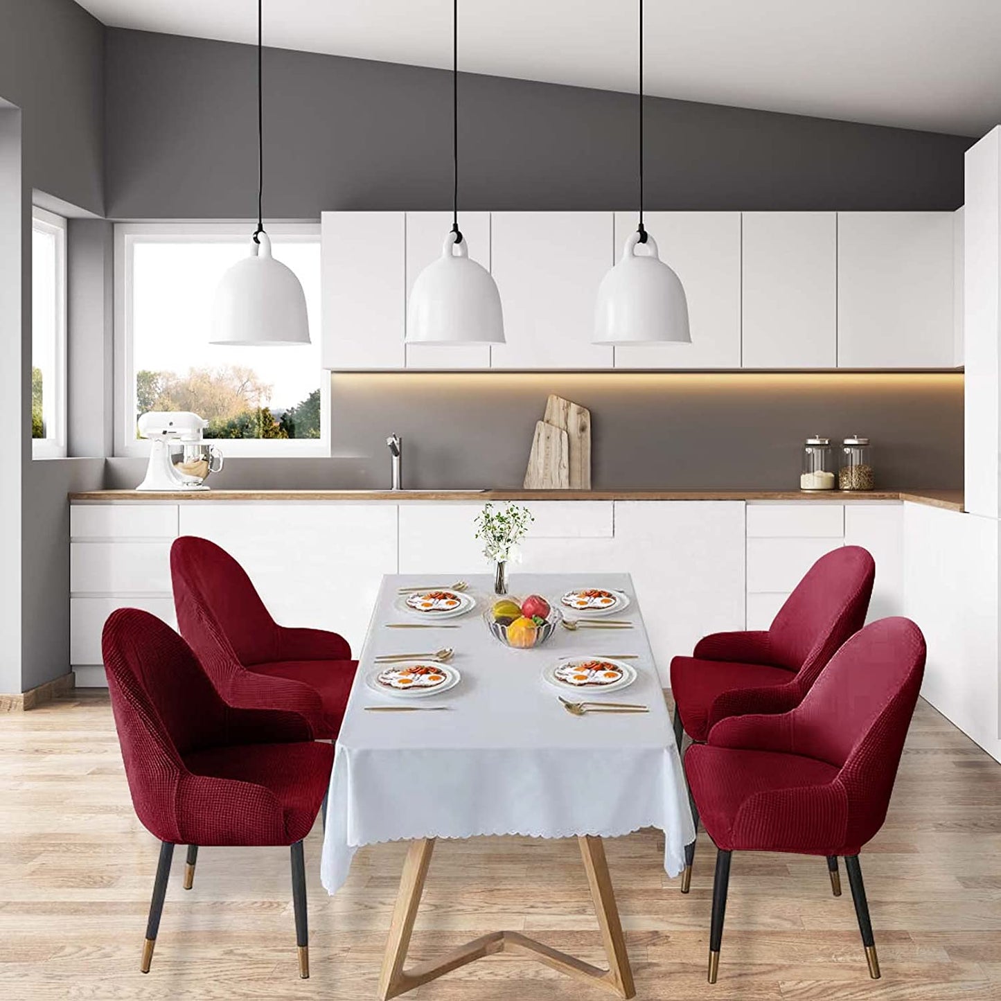 Dining Room Chair Pineapple Elastic Simple Semicircular Handrail Kitchen Chair Covers Protectors,Set of 2/4/6/8 (Wine)