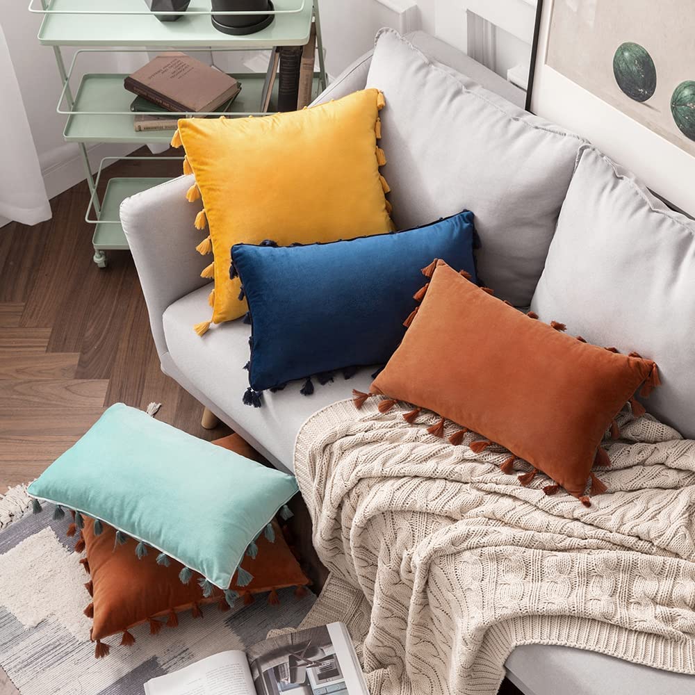 Pack of 2 Velvet Soft Solid Decorative Throw Pillows with Tassels Fringe Boho Accent Cushion for Couch Sofa Bed, Orange