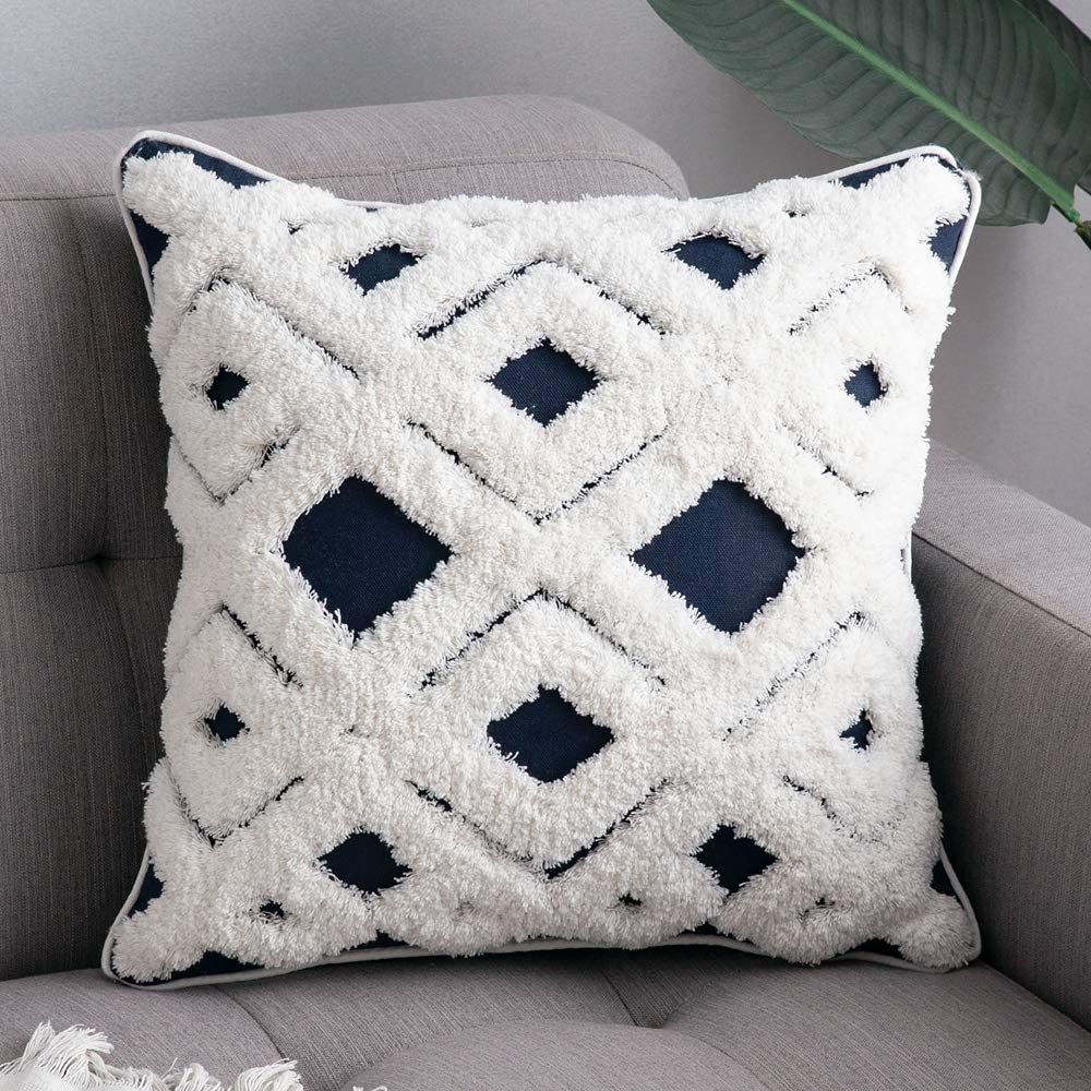 Decorative Throw Pillow Cover Tribal Boho Woven Tufted Lumbar Pillowcase Soft Cushion Set of 2 (Inserts + Pillow Covers,Navy)