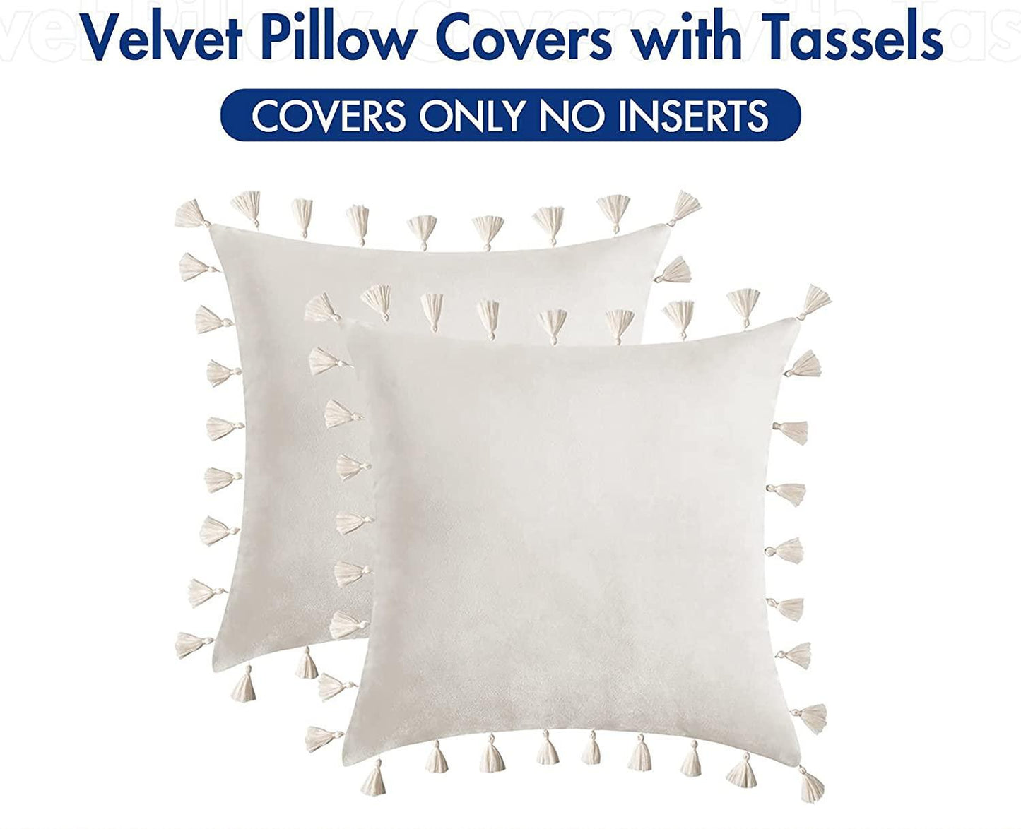 Pack of 2 Velvet Soft Solid Decorative Throw Pillows with Tassels Fringe Boho Accent Cushion for Couch Sofa Bed, Pure White