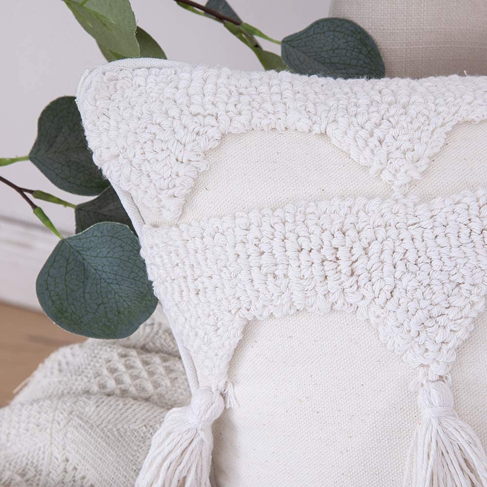 Tribal Boho Woven with Tassels Pillow Square Soft Couch Pillows Set of 2 (Inserts + Pillow Covers, White)
