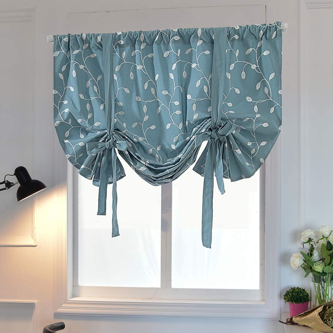 Leaf Embroidered Farmhouse Tie Up Shade Curtain 1 Piece, Turquoise