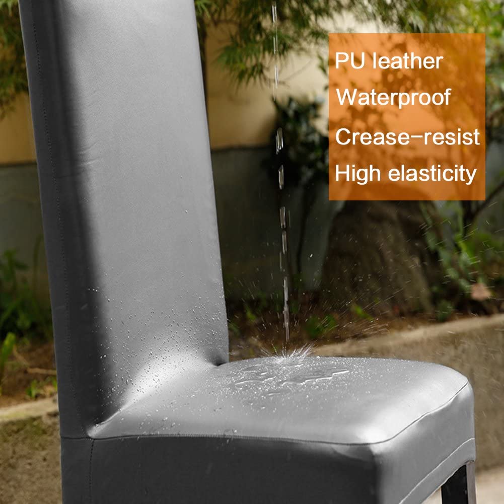 Dining Chair Covers, Solid Pu Leather Waterproof and Oilproof Stretch Slipcover, 2/4/6/8, Grey
