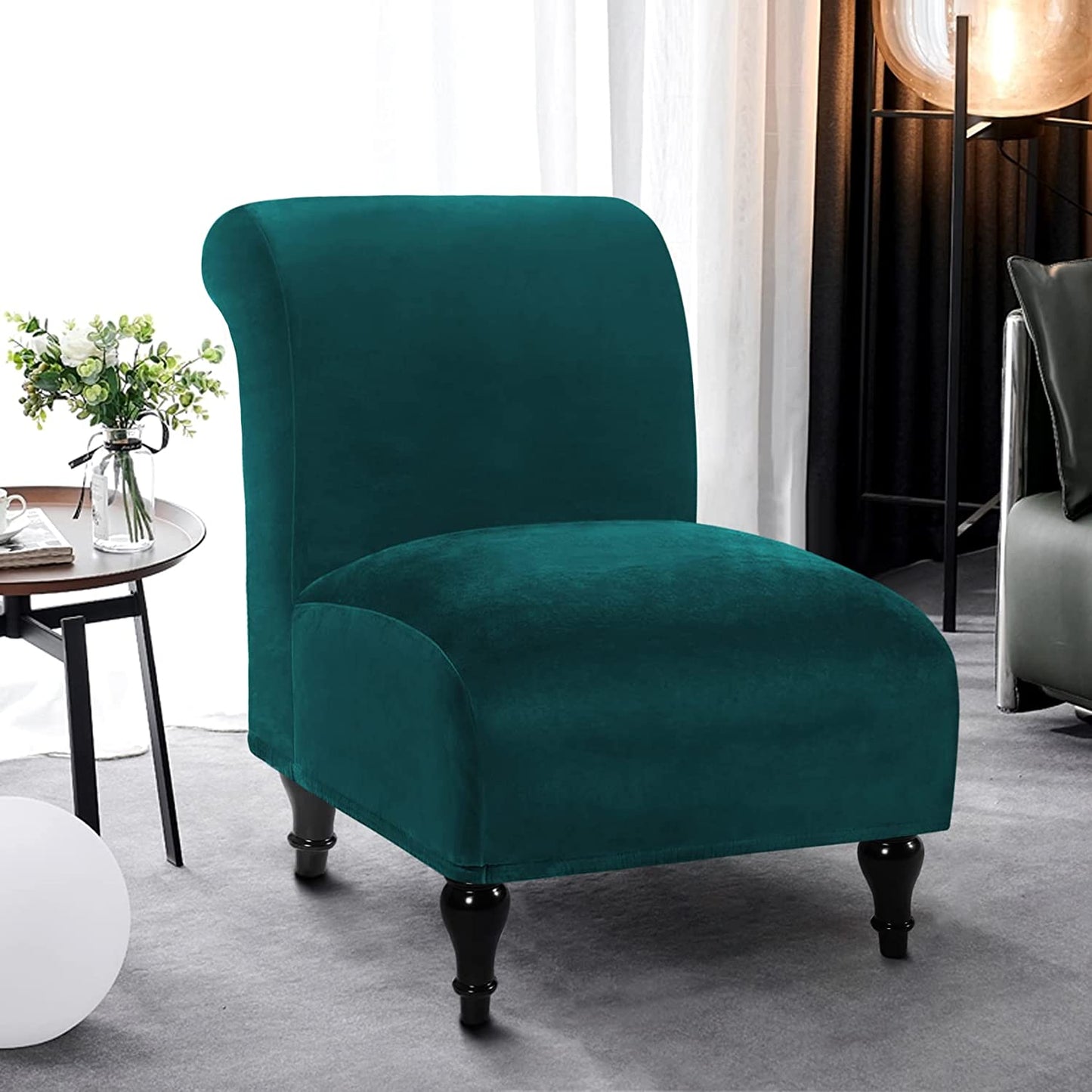 Armless Velvet Accent Chair Slipcover High Stretch Chair Covers with Elastic Bottom Removable Chair Slipcover Without Arms for Living Room Hotel, Dark Teal