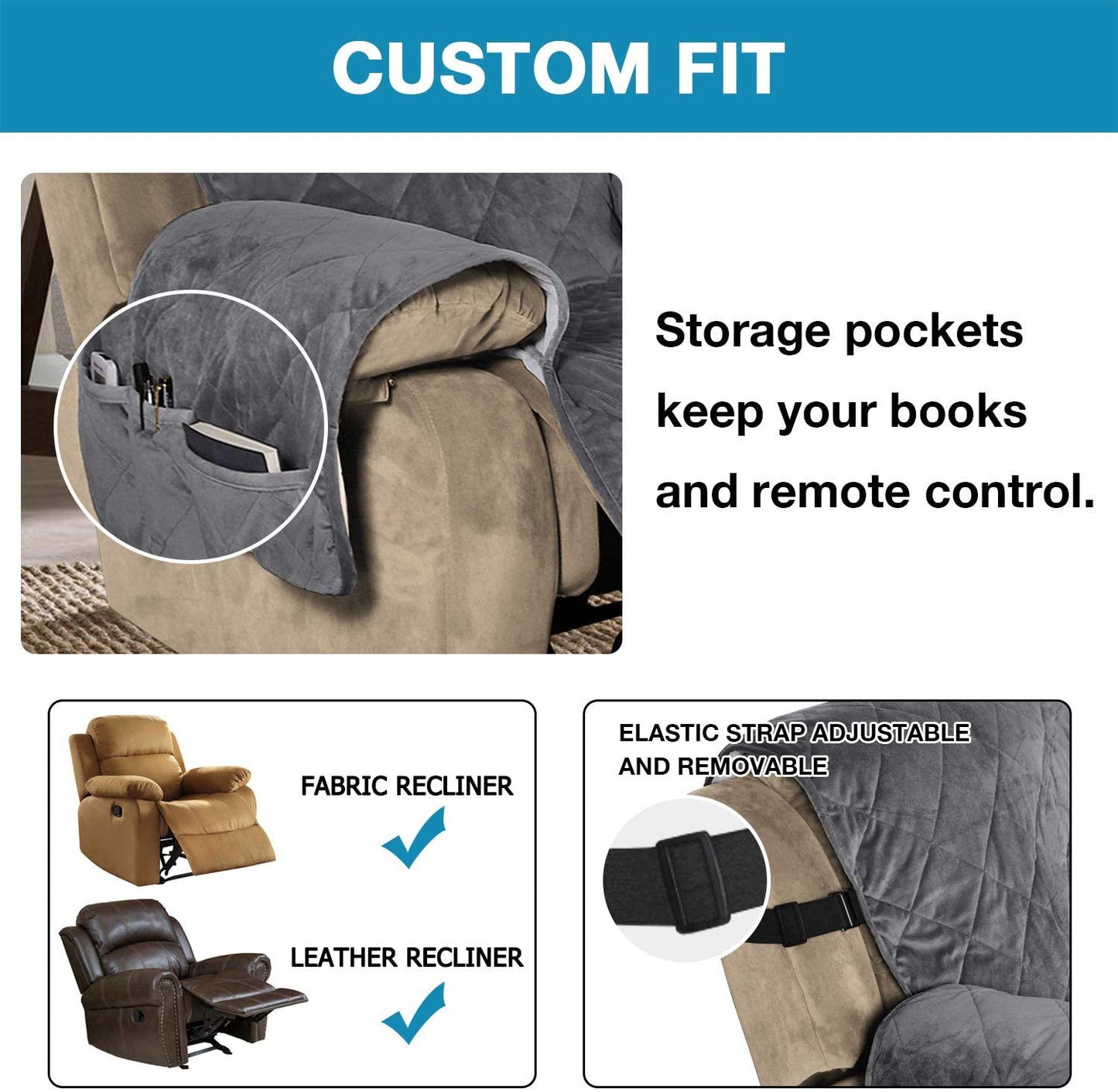 Recliner Covers Velvet Slip Resistant Recliner Sofa Slipcover Seat  Couch Furniture Protector with Elastic Straps Recliner Cover - Grey