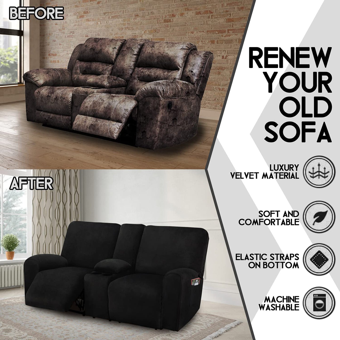 2 Seater with Middle Console Slipcover, Velvet Stretch Loveseat Reclining Sofa Covers, Thick, Soft, Washable, Black