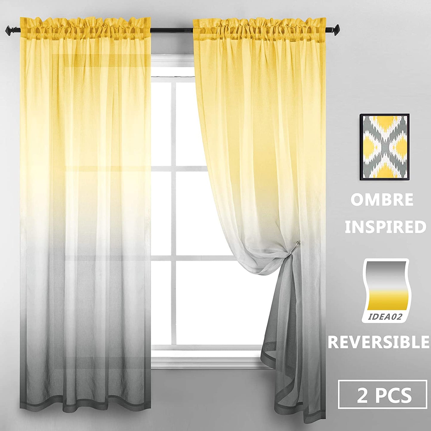 Ombre Sheer Curtains for Bedroom 2 Pieces Set Reversible Yellow and Grey
