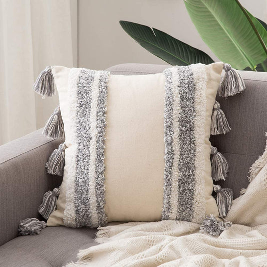 Tribal Boho Woven with Tassels Pillow Square Soft Couch Pillows Set of 2 (Inserts + Pillow Covers, Grey)