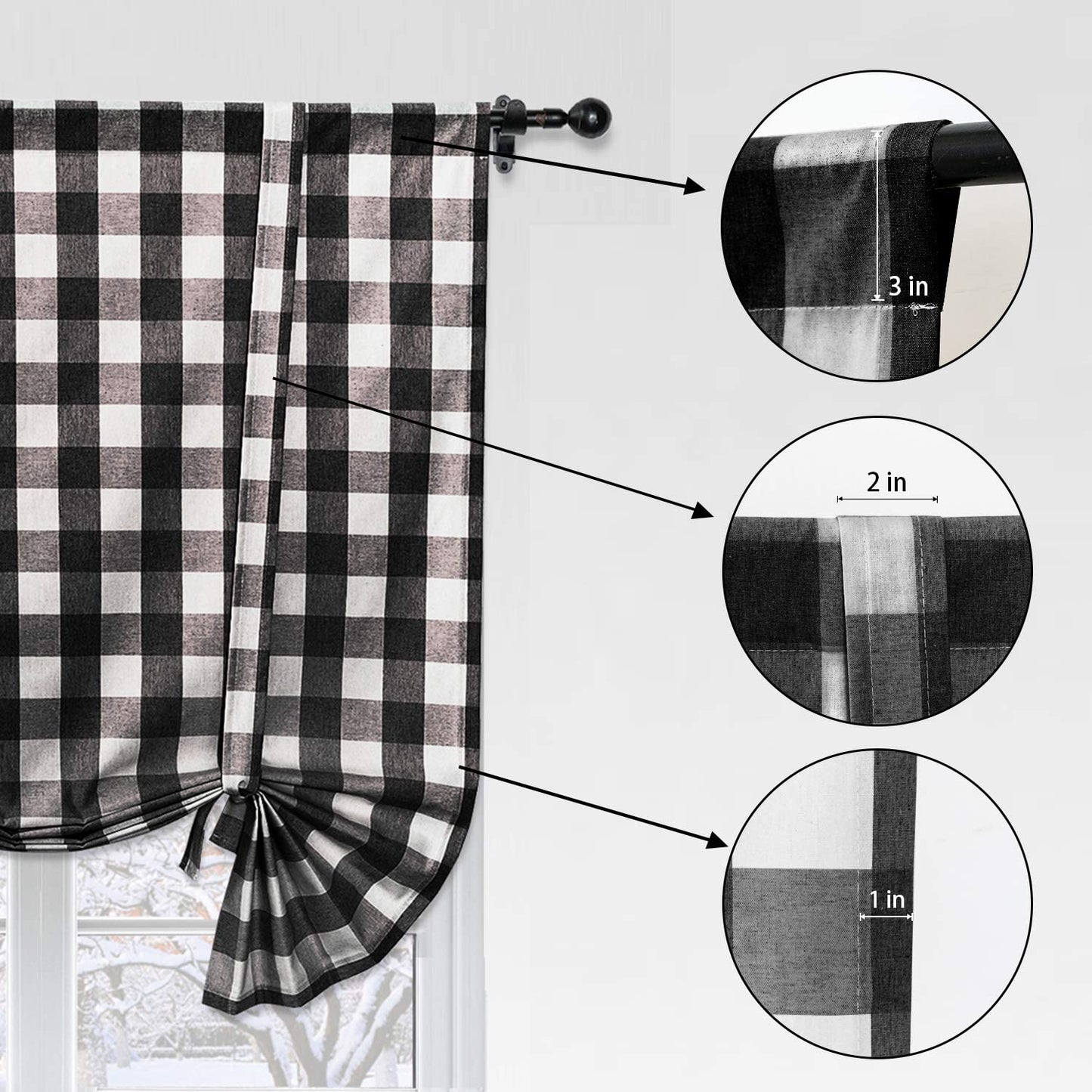 Tie Up Curtain for Kitchen Window Buffalo Check Rod Pocket, Black and White