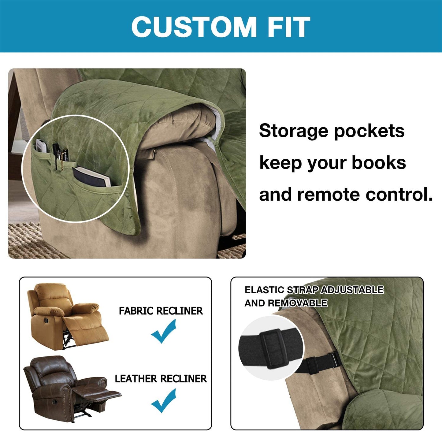 Recliner Covers Velvet Slip Resistant Recliner Sofa Slipcover Seat  Couch Furniture Protector with Elastic Straps Recliner Cover - Loden