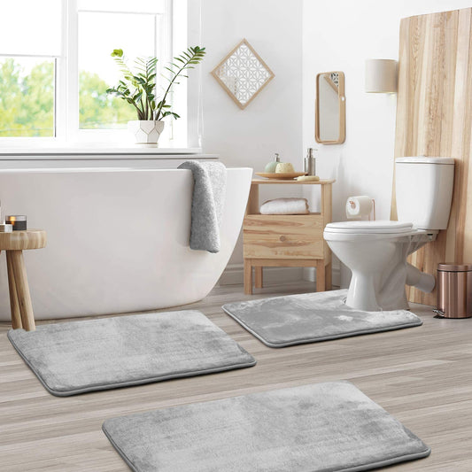 Bathroom Rugs Memory Foam Bath Mat Set for Bathroom, Non Slip Absorbent Velvet - Fast Drying –Bathroom Rug and Contour Rug Set 3 Piece -Silver Gray