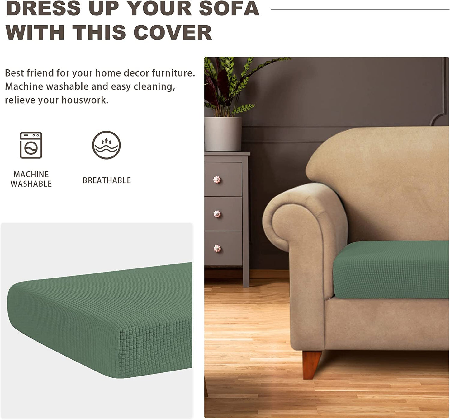 Water Repellent Sofa Couch Cushion Covers Sofa Seat Slipcover Suitable for 1/2/3 Setaer Furniture Protector, Non Slip Small Checks, Sage