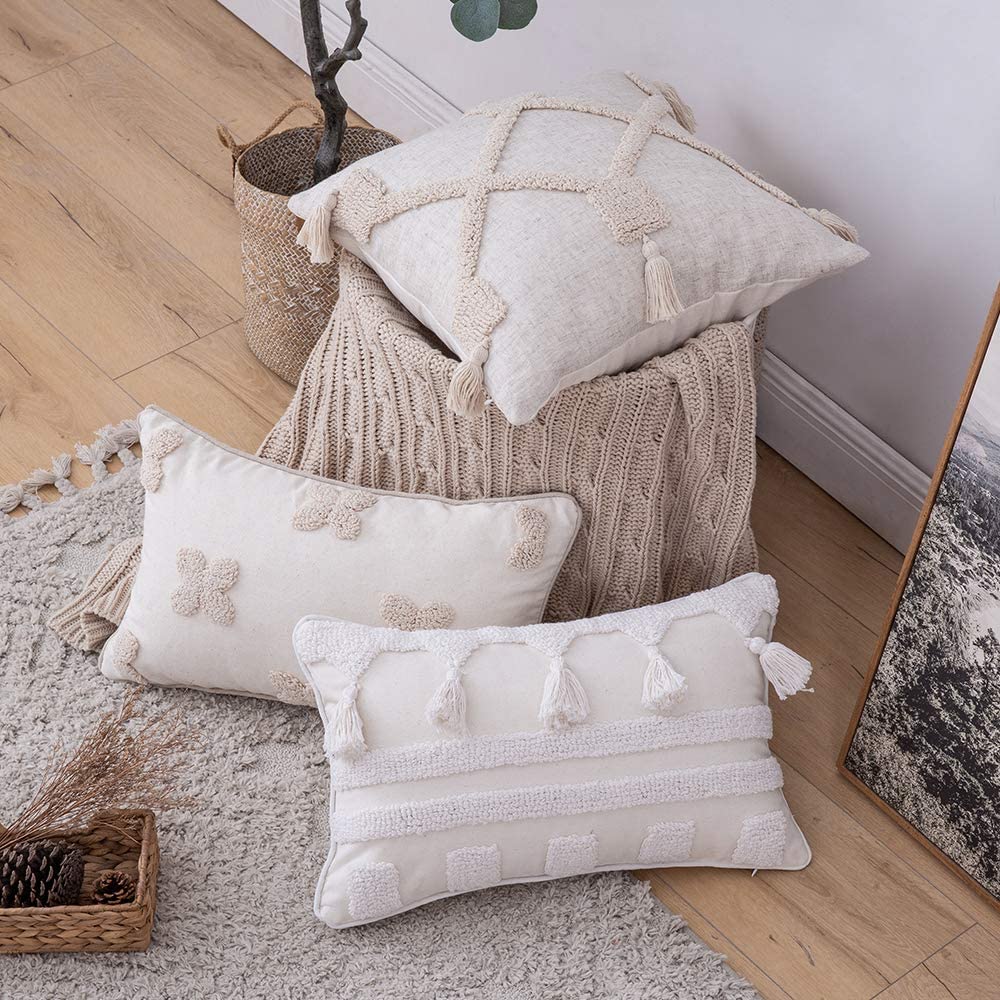 Tribal Boho Woven with Tassels Pillow Square Soft Couch Pillows Set of 2 (Inserts + Pillow Covers, White)