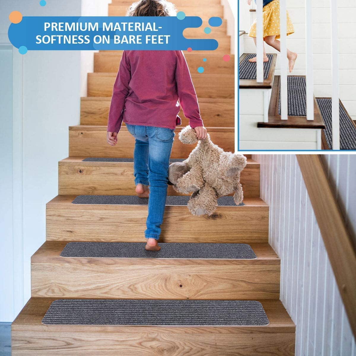 Stair Treads Carpet Non-Slip Indoor Stair Runners for Wooden Steps, Stair Rugs for Kids and Dogs, Set of 15, 8" X 30", Grey