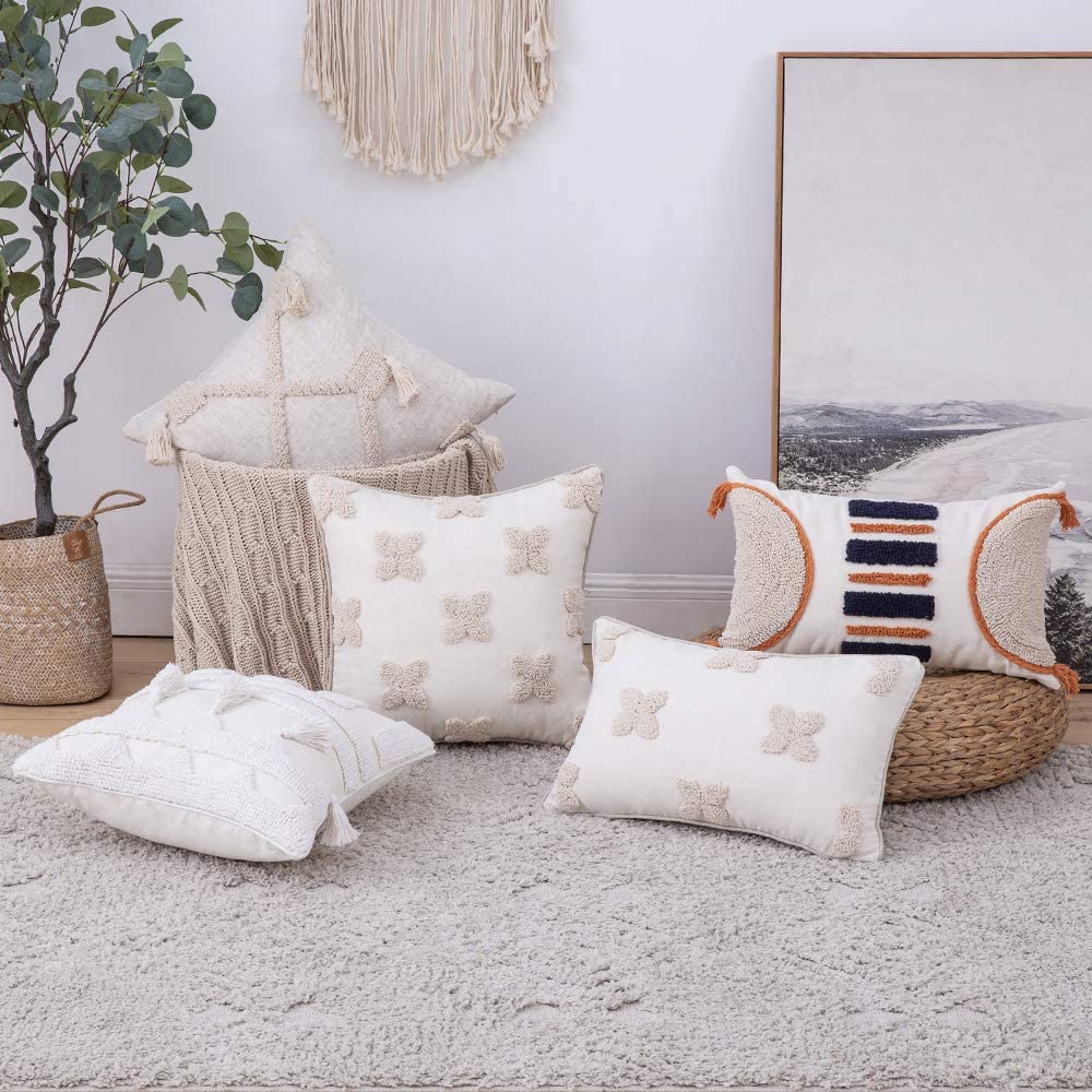 Tribal Boho Woven with Tassels Pillow Square Soft Couch Pillows Set of 2 (Inserts + Pillow Covers, Orange)