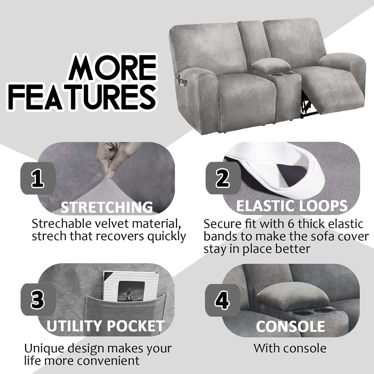 2 Seater with Middle Console Slipcover, Velvet Stretch Loveseat Reclining Sofa Covers, Thick, Soft, Washable, Light Grey