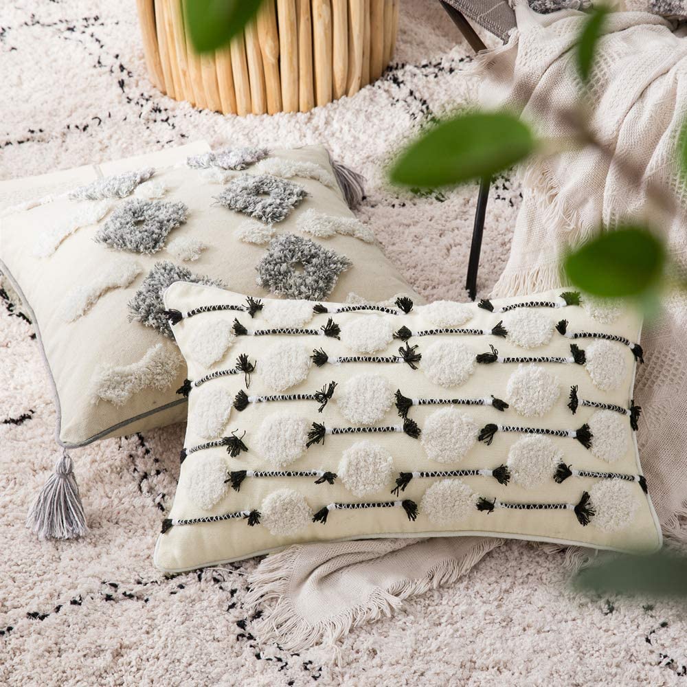 Tribal Boho Woven with Tassels Pillow Square Soft Couch Pillows Set of 2 (Inserts + Pillow Covers, Diamond)
