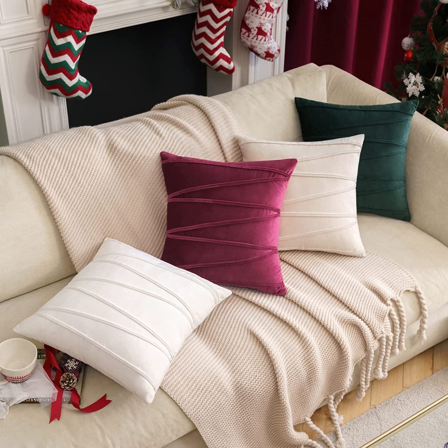 2x Velvet Throw Pillows for Couch Bed Sofa (Inserts + Pillow Covers,  Wine Red)