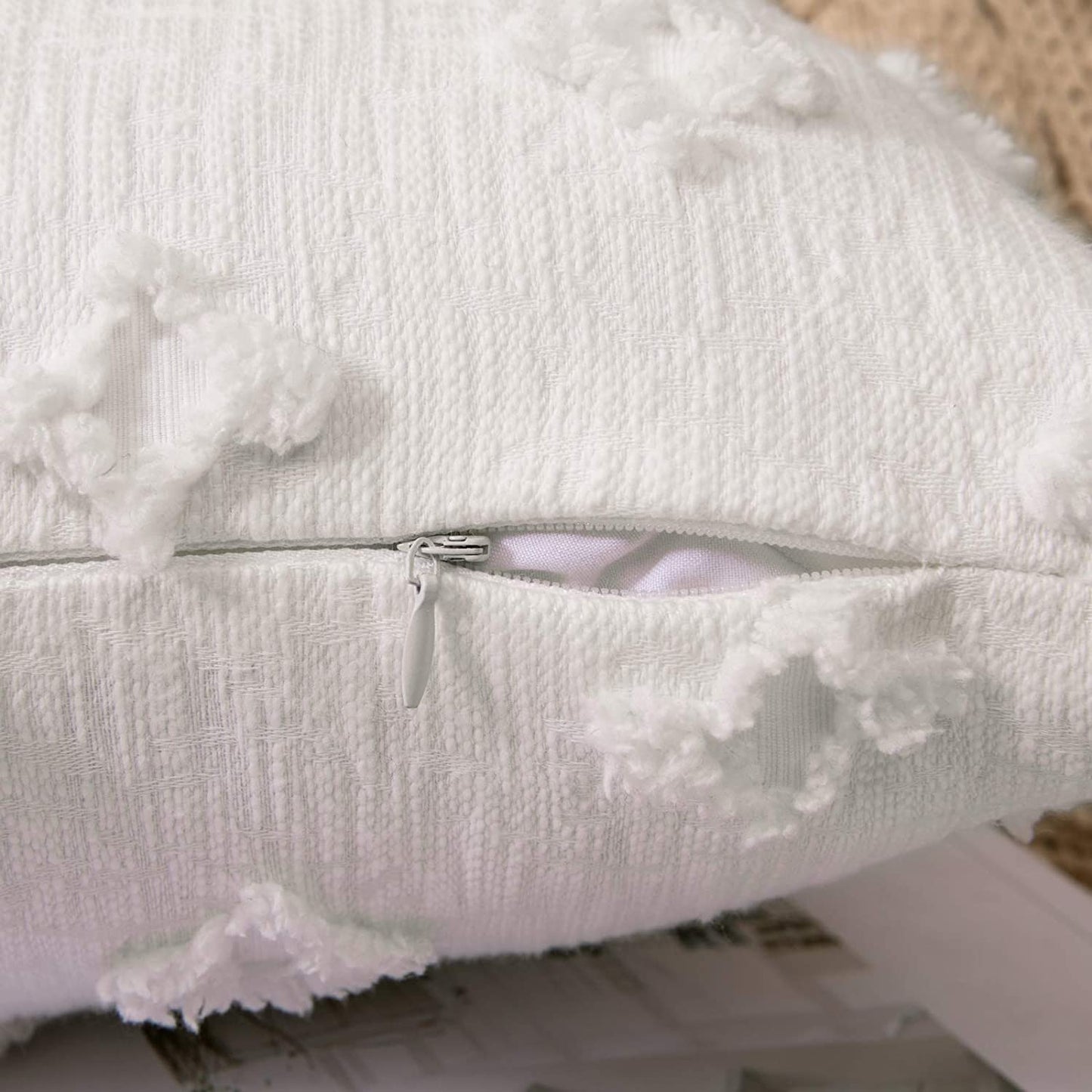 Velvet Throw Pillow Diamond Jacquard Soft Couch Pillows Set of 2 (Inserts + Pillow Covers, White)