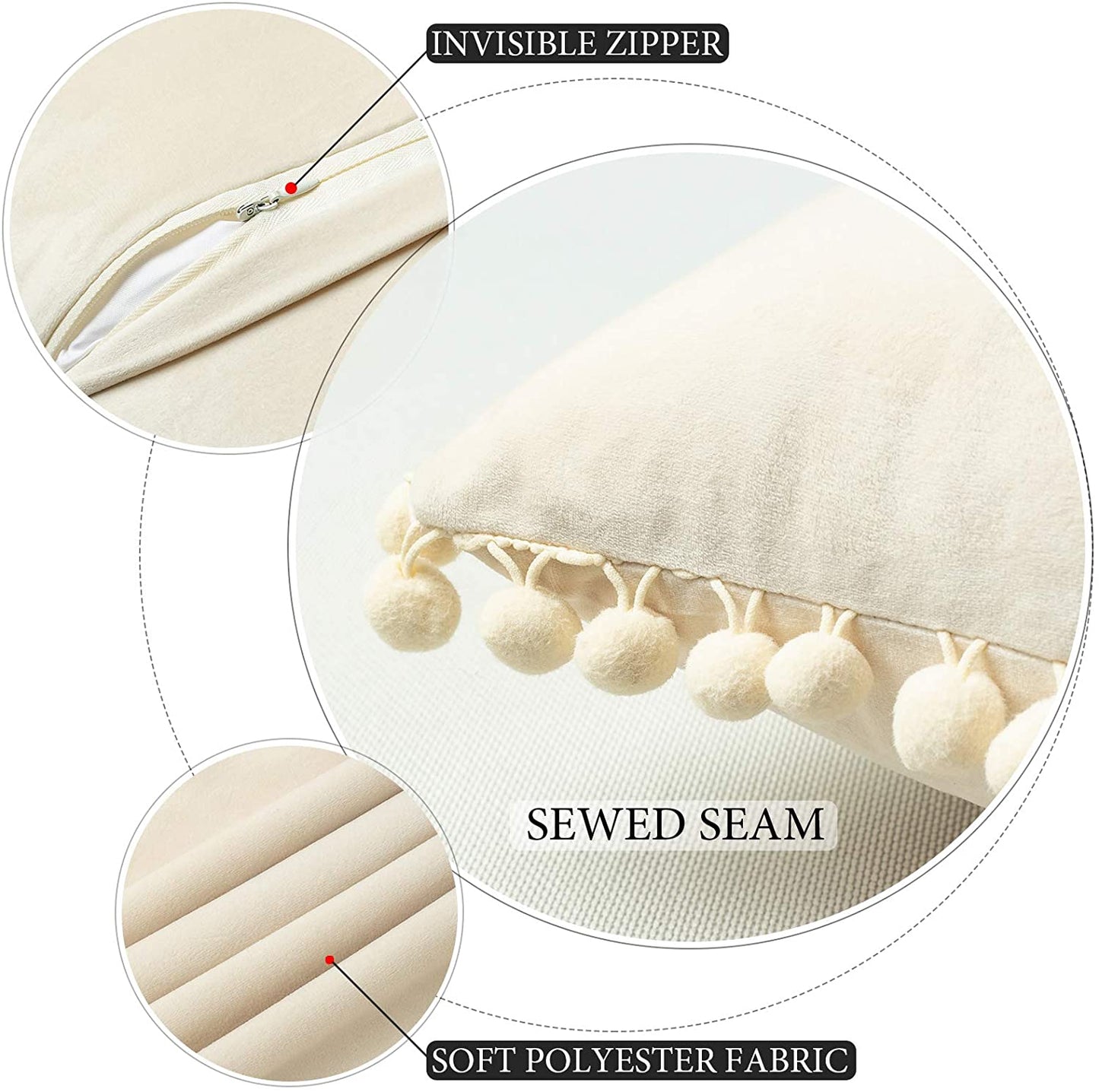2x  Square Throw Pillows with Cute Pom-poms for Couch Sofa Bedroom Decor (Inserts + Pillow Covers, Cream White)