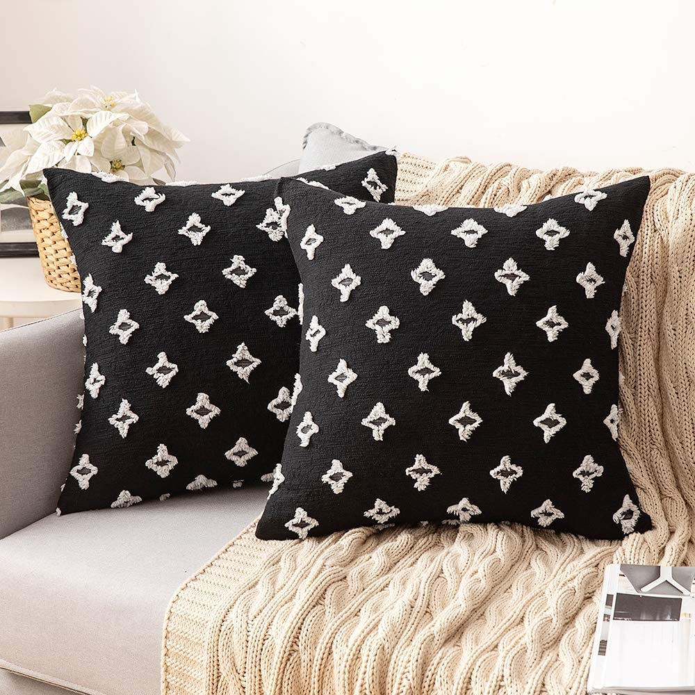 Velvet Throw Pillow Diamond Jacquard Soft Couch Pillows Set of 2 (Inserts + Pillow Covers, Black)