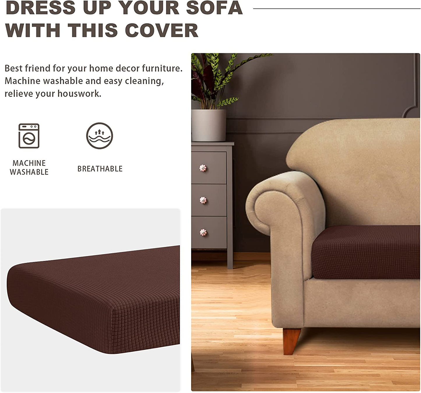 Water Repellent Sofa Couch Cushion Covers Sofa Seat Slipcover Suitable for 1/2/3 Setaer Furniture Protector, Non Slip Small Checks, Chocolate