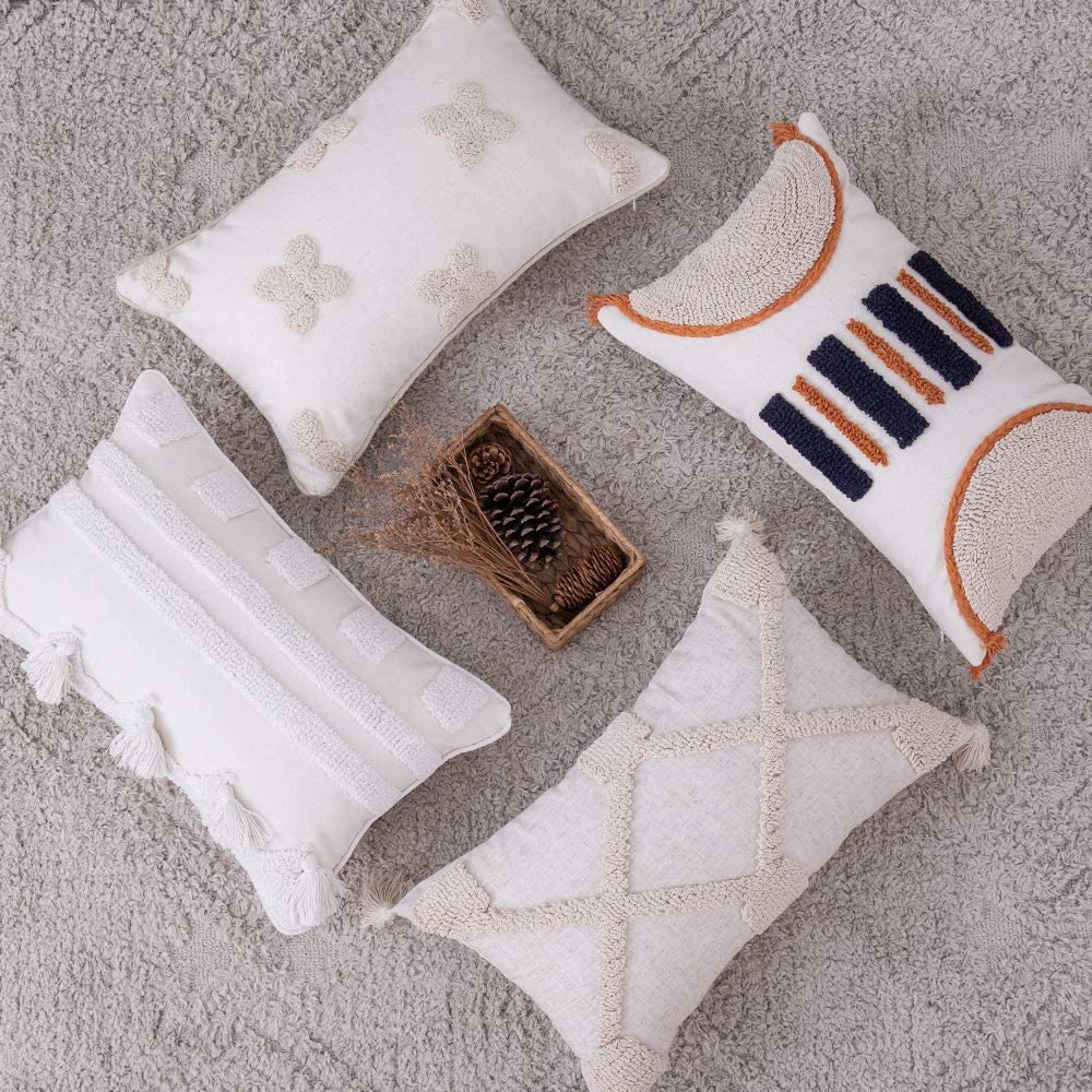 Decorative Throw Pillow Cover Tribal Boho Woven Tufted Lumbar Pillowcase Soft Cushion Set of 2 (Inserts + Pillow Covers,Yotsuba)