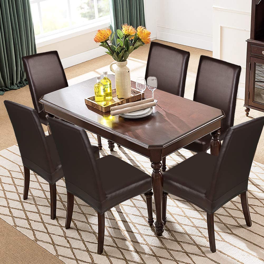 Dining Chair Covers, Solid Pu Leather Waterproof and Oilproof Stretch Slipcover, 2/4/6/8, Brown