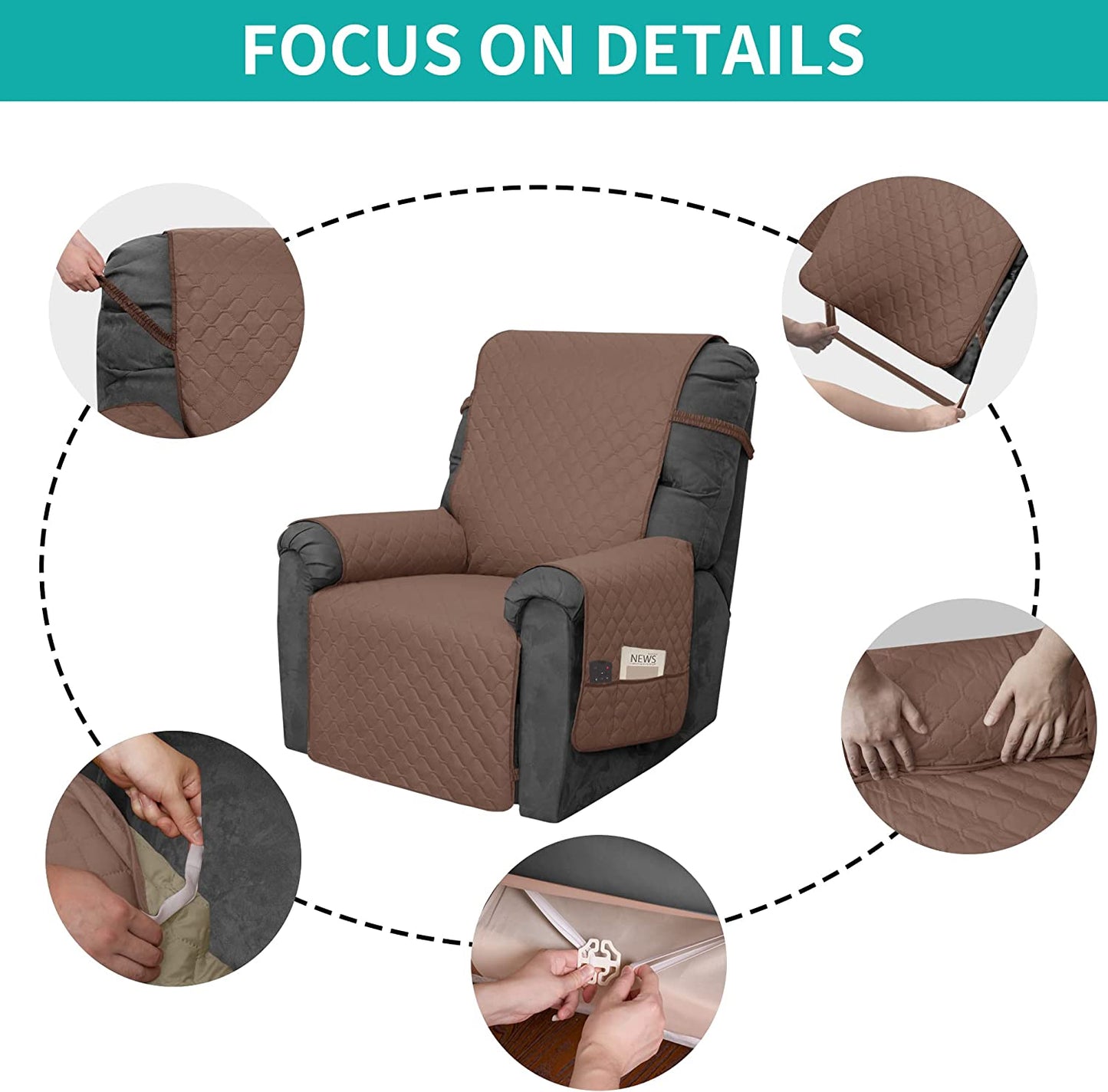 Recliner Sofa Cover with Pocket, Slipcovers Reversible Washable Elastic Adjustable Strap for home(2 Seater ,Brown)