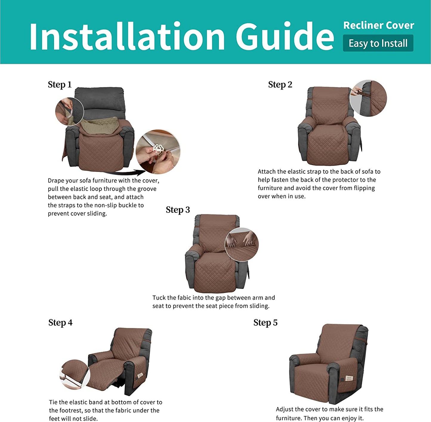 Recliner Sofa Cover for 1/2/3 Seater with Pocket, Slipcovers Reversible Washable Elastic Adjustable Strap for home,Brown