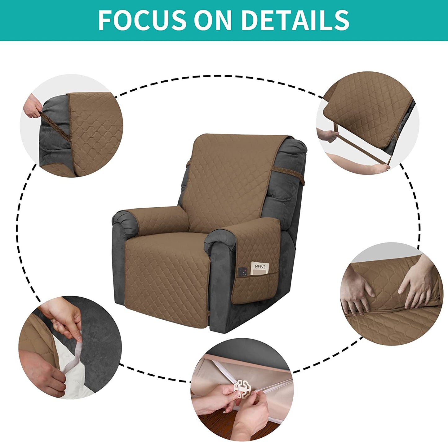 Recliner Sofa Cover for 1/2/3 Seater with Pocket, Slipcovers Reversible Washable Elastic Adjustable Strap for home,Taupe