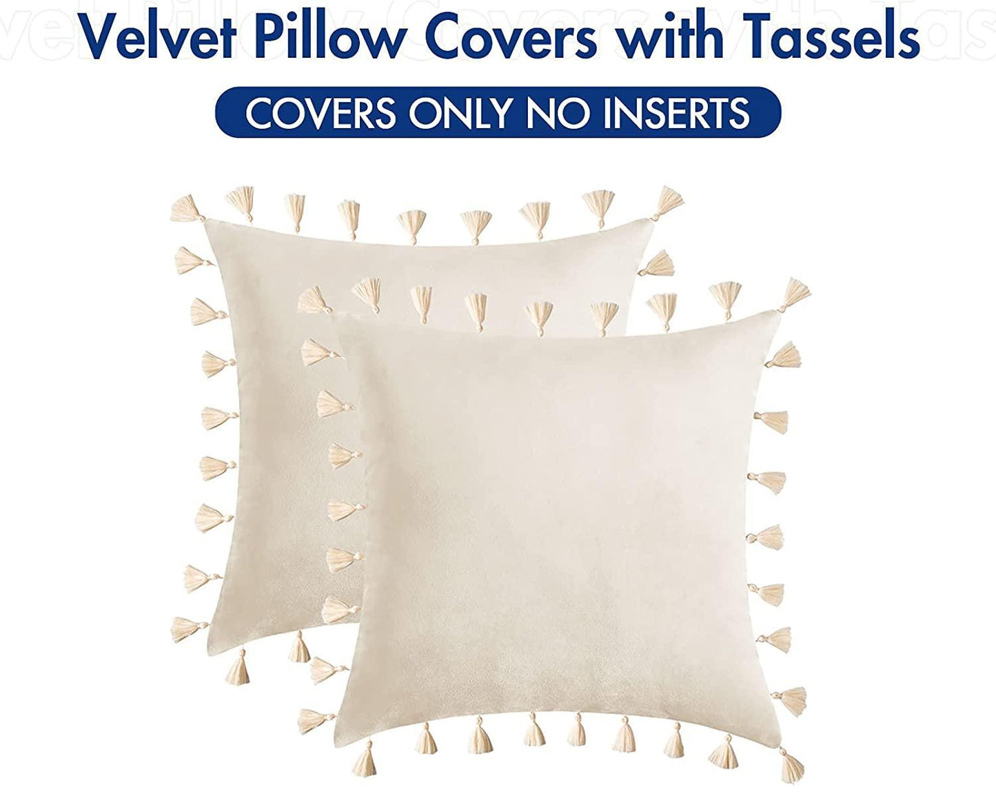Pack of 2 Velvet Soft Solid Decorative Throw Pillows with Tassels Fringe Boho Accent Cushion for Couch Sofa Bed, Ivory