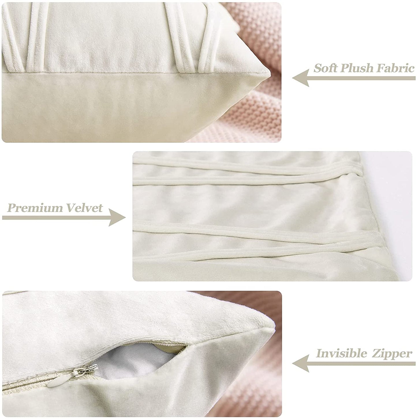 2x Velvet Throw Pillows for Couch Bed Sofa (Inserts + Pillow Covers, Cream)