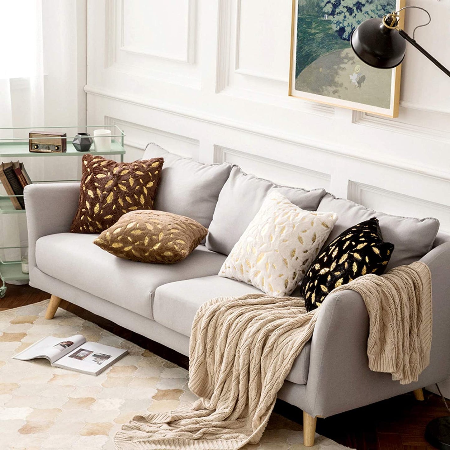2x Square Throw Pillows Decorative Faux Fur Gold Feathers Gilding Leaves Cushion Cases Soft Fluffy(Inserts + Pillow Covers,Brown)