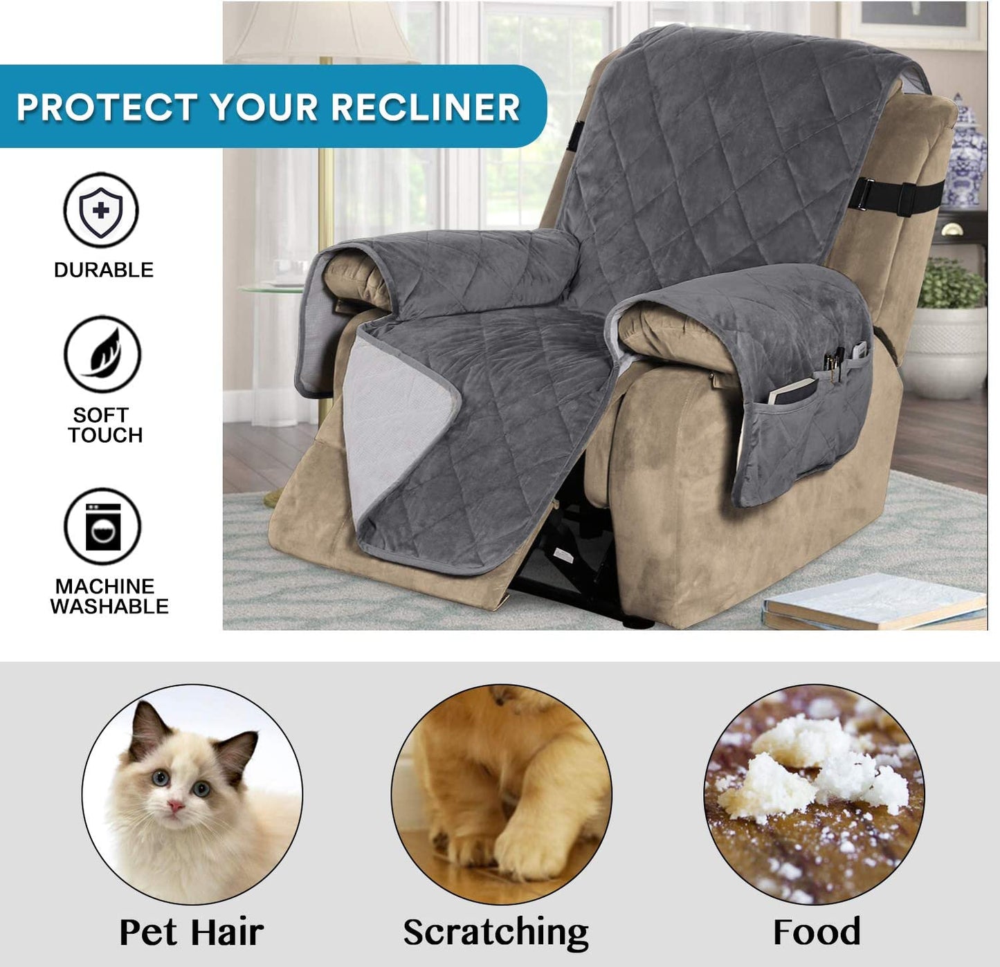 Recliner Covers Velvet Slip Resistant Recliner Sofa Slipcover Seat  Couch Furniture Protector with Elastic Straps Recliner Cover - Grey