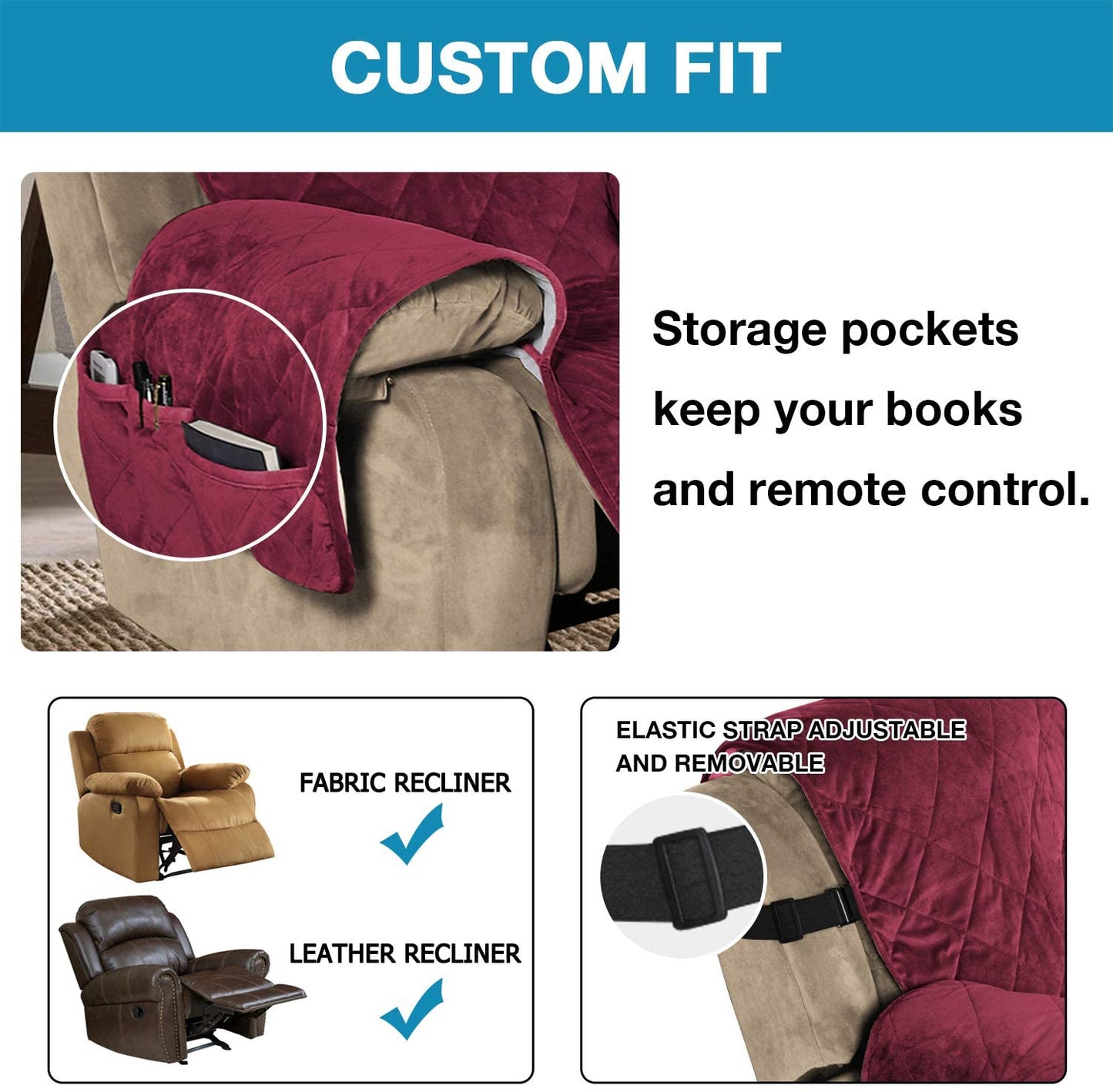 Recliner Covers Velvet Slip Resistant Recliner Sofa Slipcover Seat  Couch Furniture Protector with Elastic Straps Recliner Cover - Burgundy