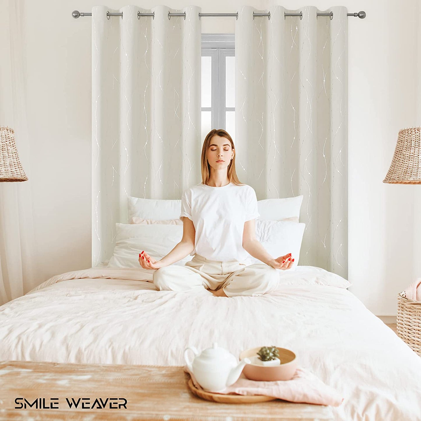 Cream Curtains Bedroom Silver Star Print Design Thermal Insulated Room Darkening Window Treatment Grommet Drapes for Living Room/Kids Game Room Set of 2 Panels