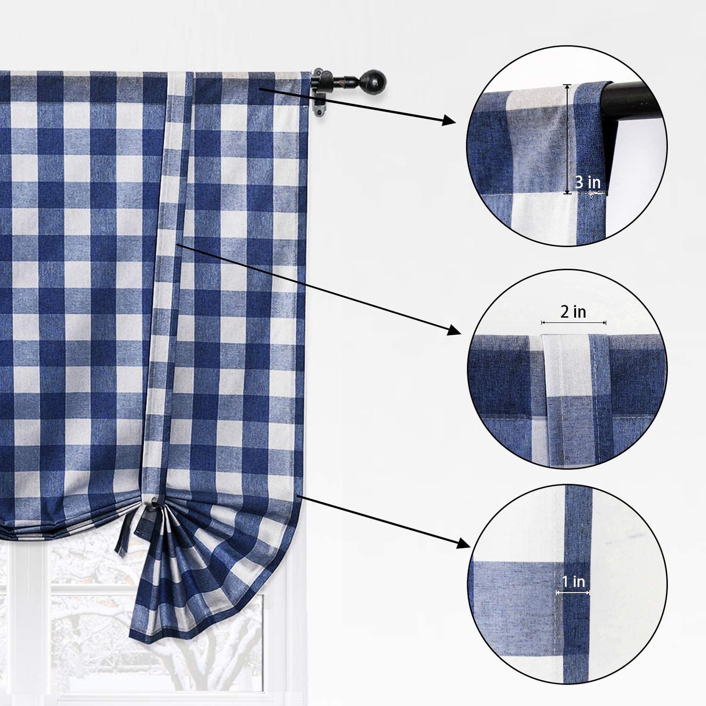 Tie Up Curtain for Kitchen Window Buffalo Check, Navy and White